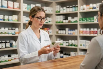 Pharmacienne expliquant les effets d'un complément alimentaire détox à un client au comptoir d'une pharmacie