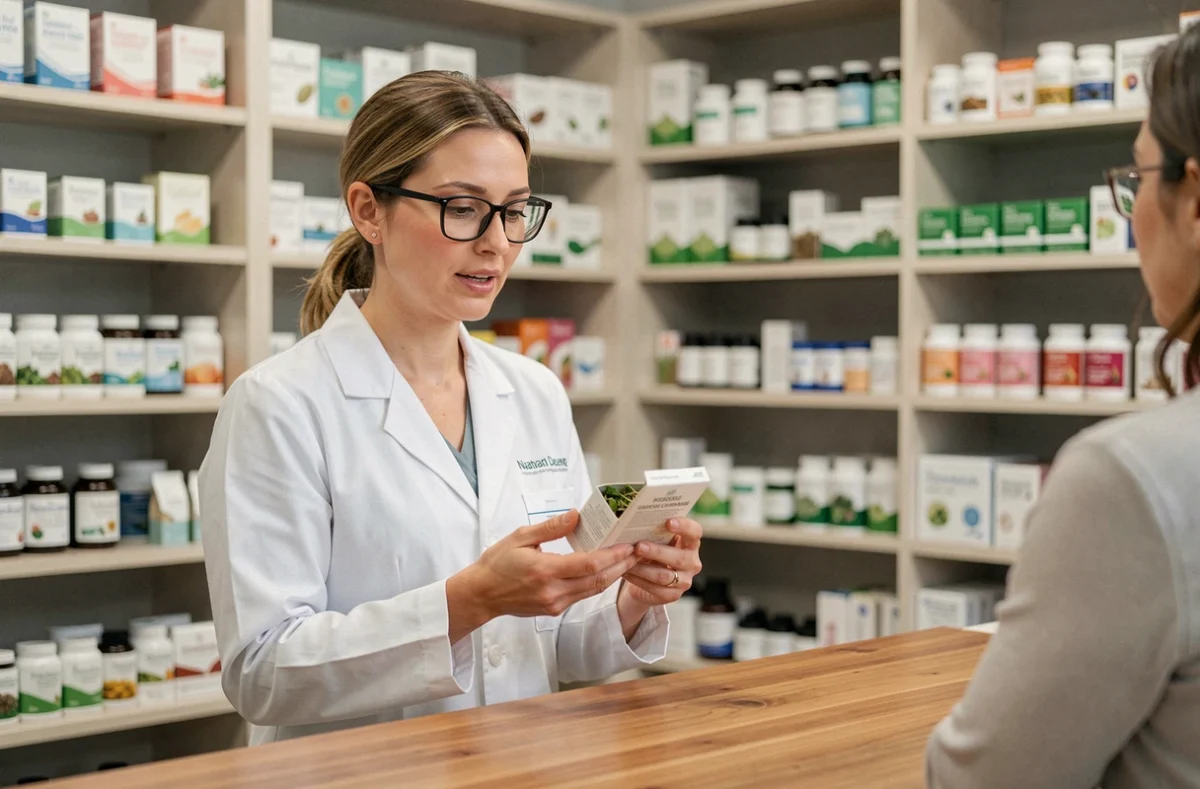 Pharmacienne expliquant les effets d'un complément alimentaire détox à un client au comptoir d'une pharmacie