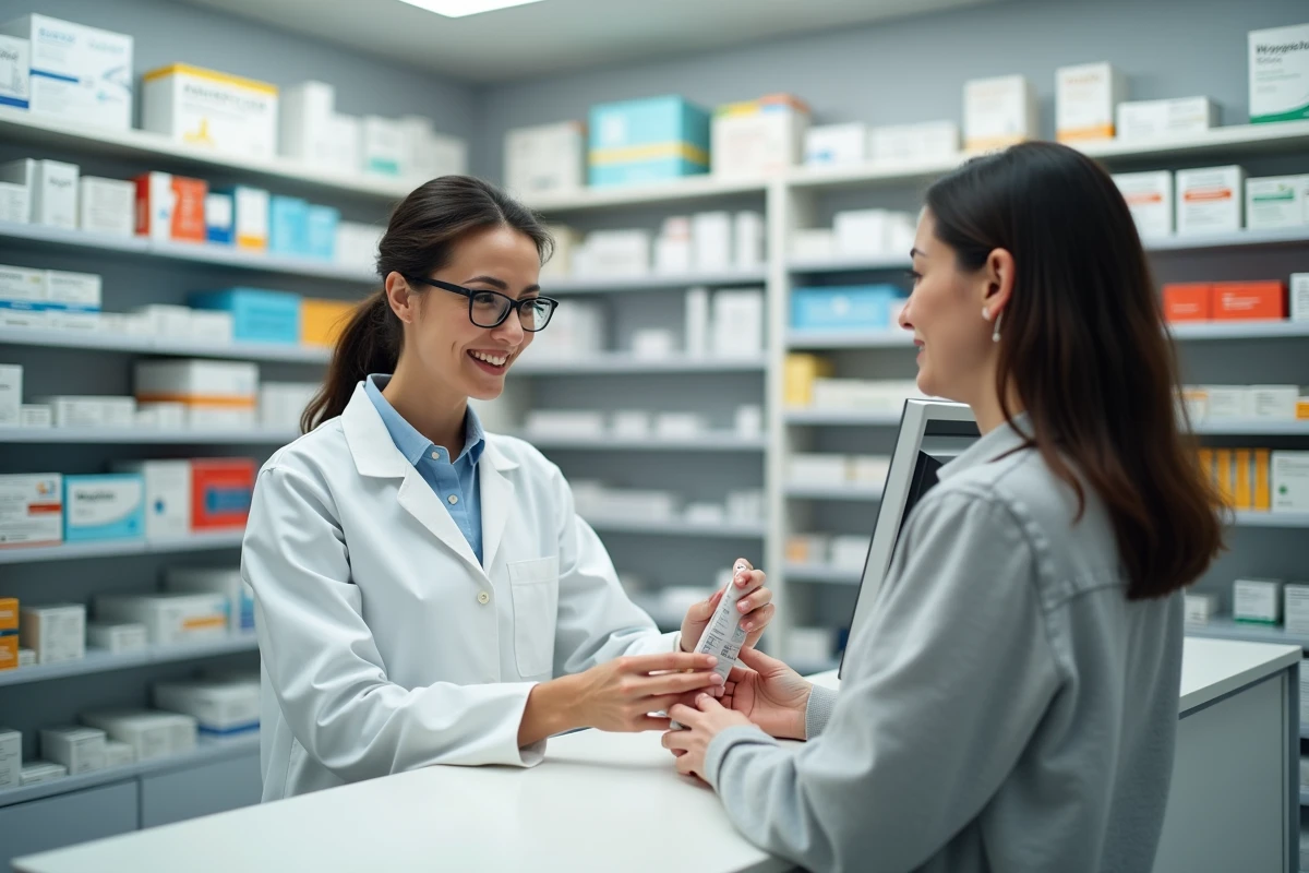 Pharmacienne remettant une boîte de médicament à une cliente dans une pharmacie française professionnelle