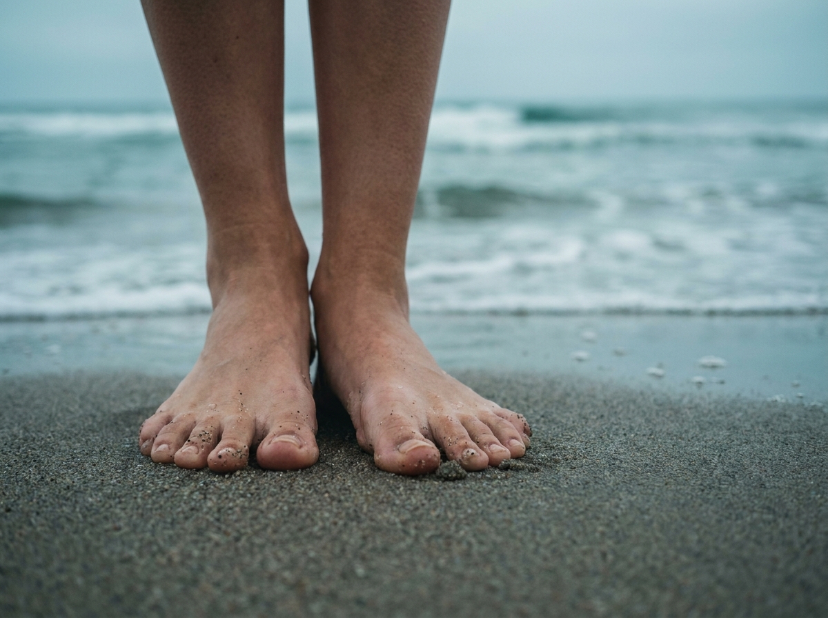 Gros plan de pieds nus féminins dans le sable mouillé au bord de la mer, orteils écartés naturellement