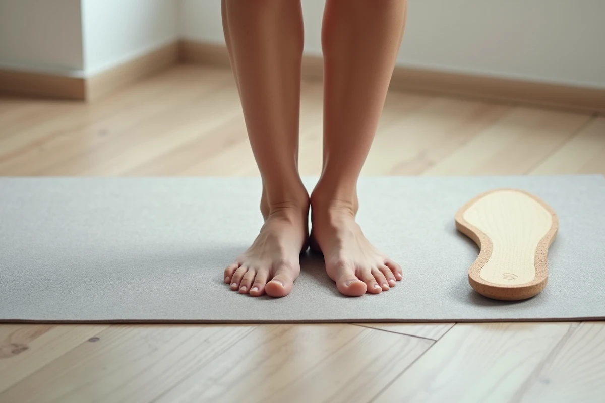 Gros plan de pieds plats posés sur un tapis avec une semelle orthopédique arquée à côté