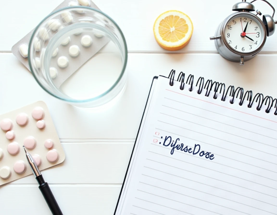 Médicaments antalgiques, verre d'eau et planning de prises posés sur une table, symbolisant les intervalles de sécurité entre ibuprofène et tramadol