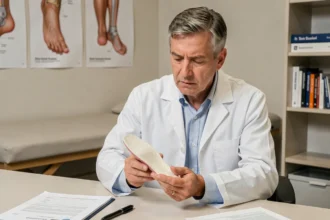 Podologue examinant une semelle orthopédique Akusoli dans un cabinet médical moderne, illustration d'un avis médical nuancé