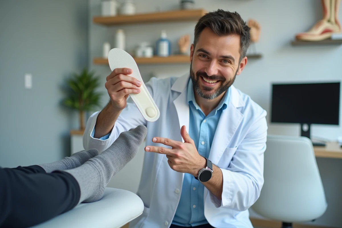 Podologue présentant une semelle orthopédique sur mesure pour corriger un pied plat douloureux
