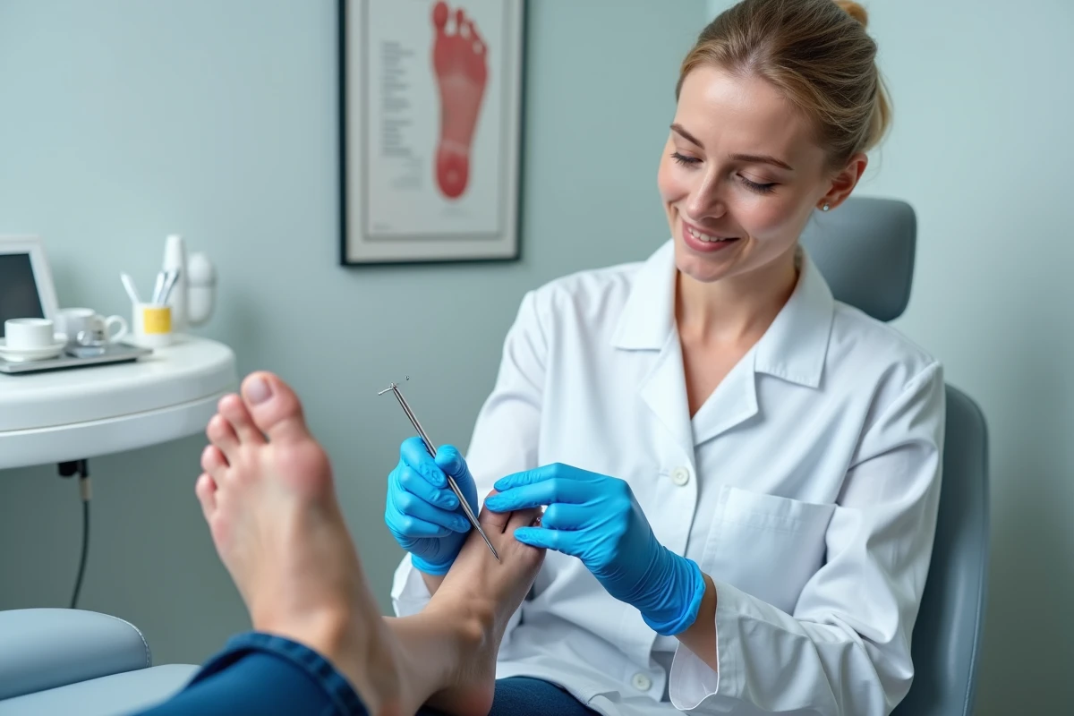 Podologue traitant la corne sous le pied d'un patient lors d'une consultation médicale