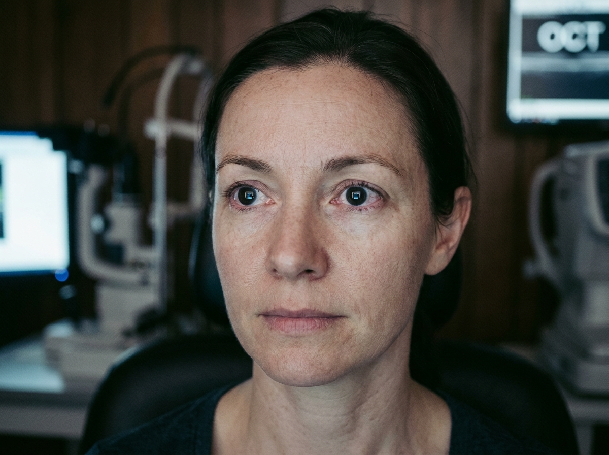 Portrait en gros plan d'une femme lors d'un examen rétinien révélant les vaisseaux sanguins oculaires liés à la tension artérielle