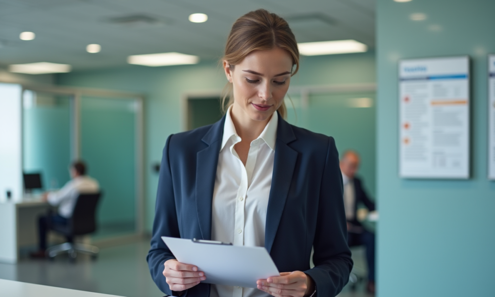 Femme professionnelle en hôpital examine des documents