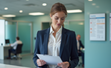 Femme professionnelle en hôpital examine des documents