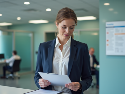 Femme professionnelle en hôpital examine des documents