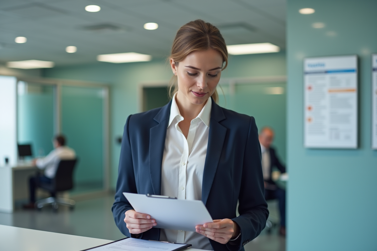 Femme professionnelle en hôpital examine des documents