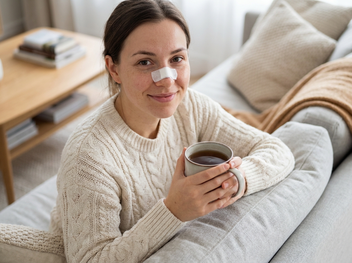 Jeune femme en convalescence après une rhinoplastie portant un bandage nasal, se reposant chez elle avec sérénité