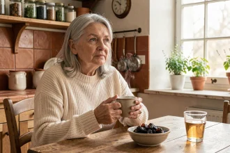 Femme âgée aux cheveux argentés tenant une tasse de tisane dans une cuisine rustique, avec des pruneaux et un verre d'eau, remède naturel contre la constipation