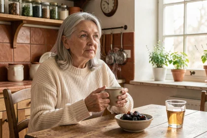Femme âgée aux cheveux argentés tenant une tasse de tisane dans une cuisine rustique, avec des pruneaux et un verre d'eau, remède naturel contre la constipation