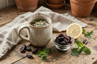Remède de grand-mère pour la constipation : tisane chaude, pruneaux et citron sur une table en bois rustique