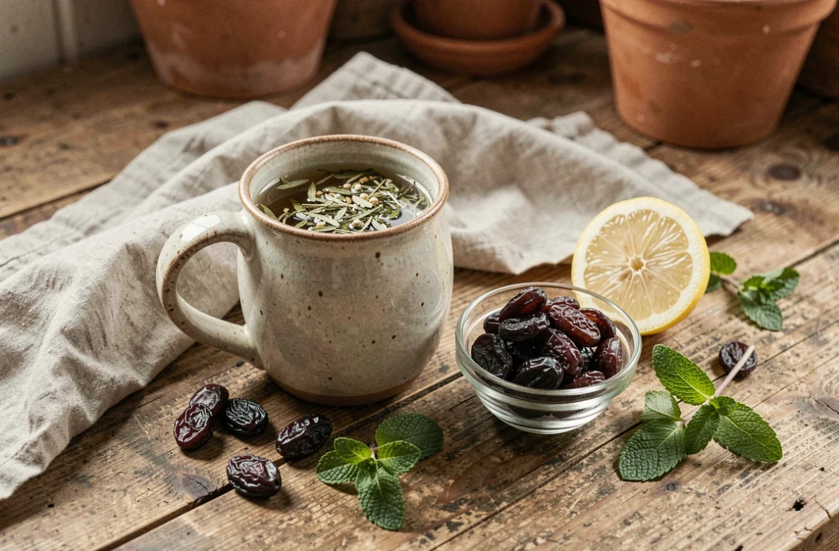 Remède de grand-mère pour la constipation : tisane chaude, pruneaux et citron sur une table en bois rustique