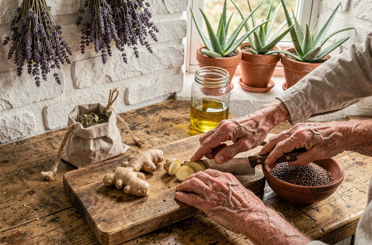 Mains ridées d'une personne âgée découpant du gingembre frais sur une planche en bois avec des graines de lin et de l'huile d'olive, ingrédients naturels contre la constipation