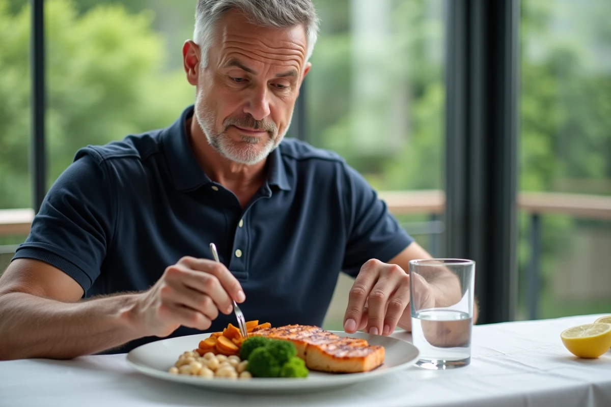 Homme d'âge mûr devant une assiette équilibrée riche en potassium avec saumon, brocoli et patate douce pour lutter contre l'hypokaliémie