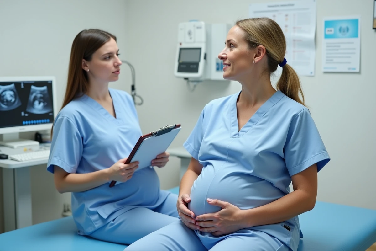 Sage-femme en blouse bleue discutant avec une patiente enceinte allongée sur une table d'examen dans une clinique prénatale