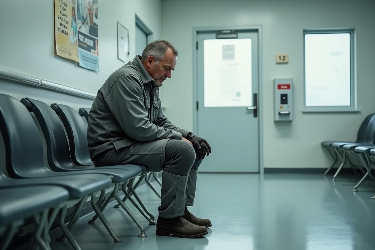 Ouvrier fatigué assis seul dans une salle d'attente de médecine du travail, symbolisant l'attente et les délais liés au tableau maladie professionnelle 57