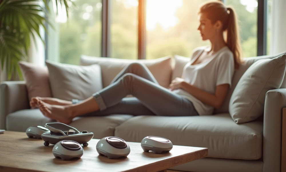Salon moderne avec personne utilisant un masseur de pied