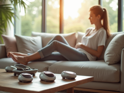 Salon moderne avec personne utilisant un masseur de pied
