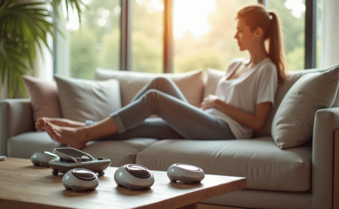 Salon moderne avec personne utilisant un masseur de pied