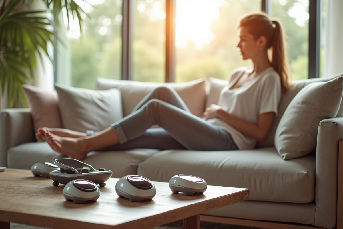 Salon moderne avec personne utilisant un masseur de pied