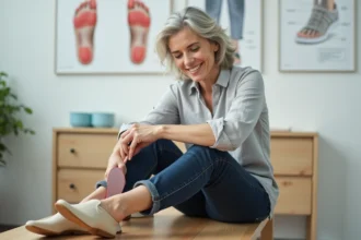 Femme plaçant une semelle orthopédique pour pied plat dans sa chaussure dans une clinique podologique