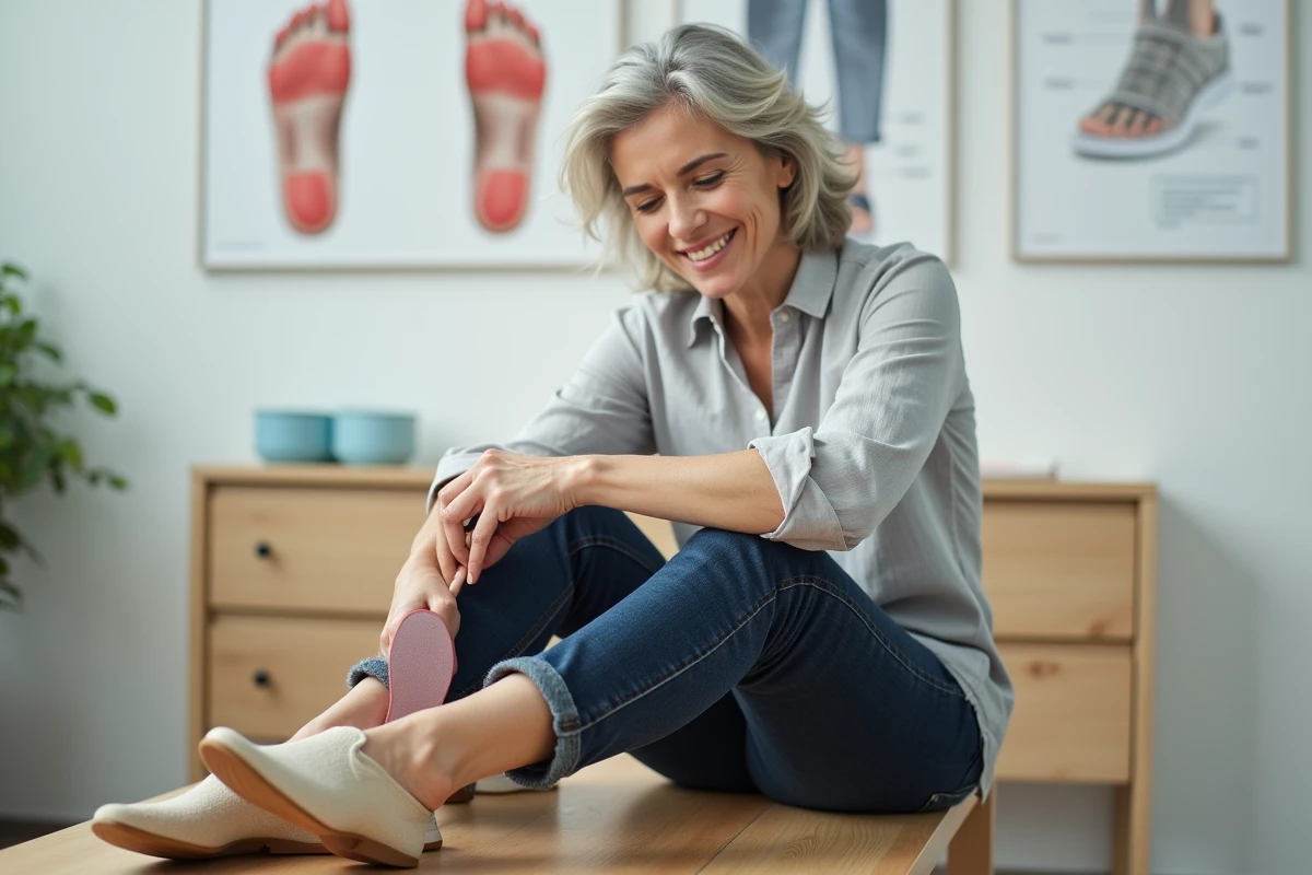 Femme plaçant une semelle orthopédique pour pied plat dans sa chaussure dans une clinique podologique