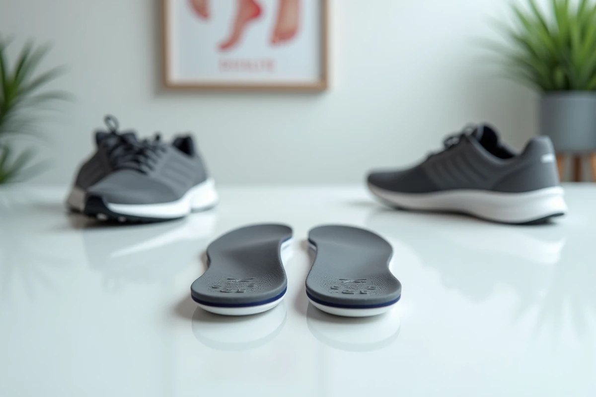Semelles orthopédiques sur mesure posées à côté de chaussures de running, détail des supports anatomiques