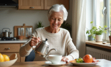 Femme senior sereine vers 60 ans buvant une tisane