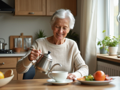 Femme senior sereine vers 60 ans buvant une tisane