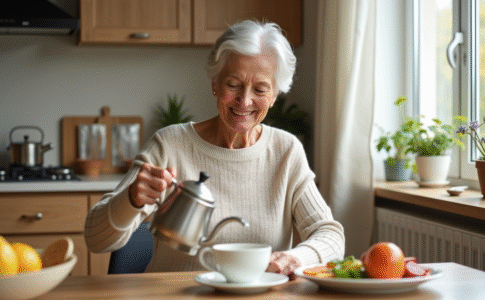 Femme senior sereine vers 60 ans buvant une tisane