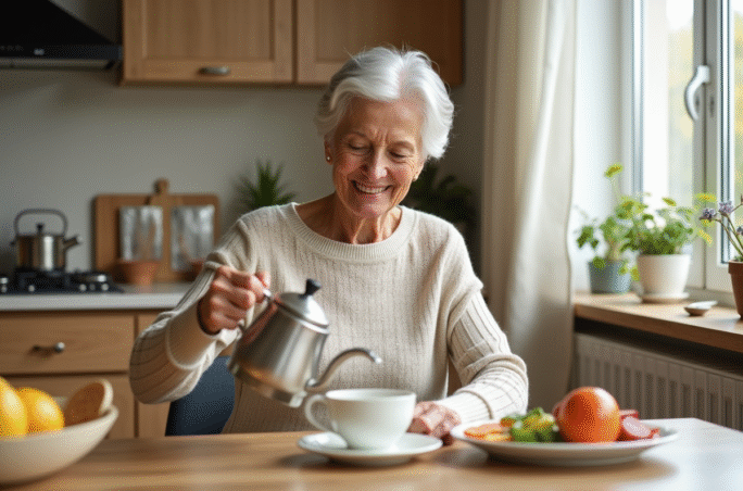Femme senior sereine vers 60 ans buvant une tisane