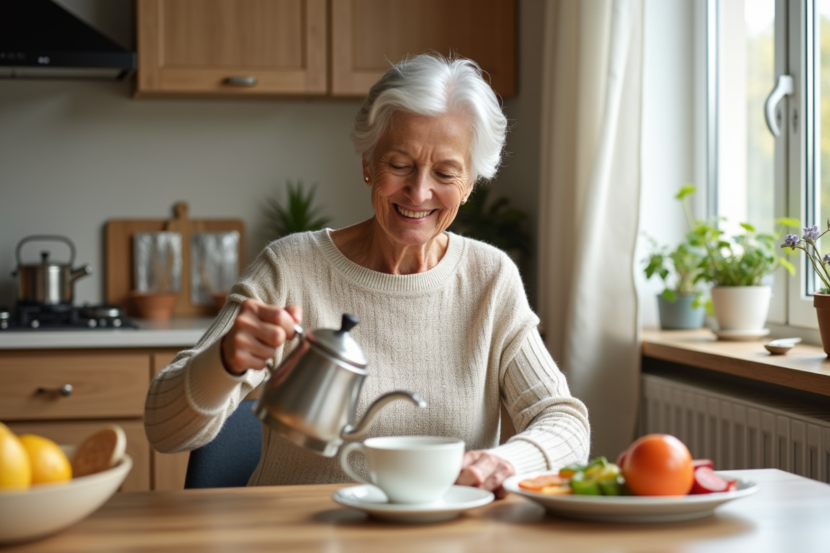 Femme senior sereine vers 60 ans buvant une tisane