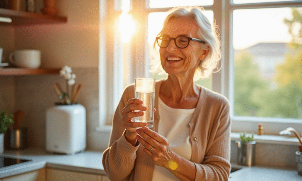 Seniore souriante dans la cuisine avec vitamine B6