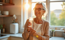 Seniore souriante dans la cuisine avec vitamine B6