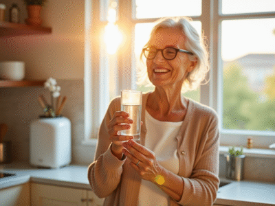 Seniore souriante dans la cuisine avec vitamine B6