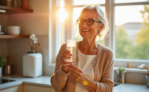 Seniore souriante dans la cuisine avec vitamine B6