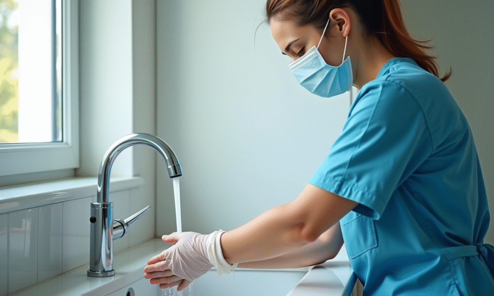 Soignant portant un masque et des gants lave ses mains
