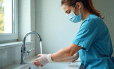 Soignant portant un masque et des gants lave ses mains