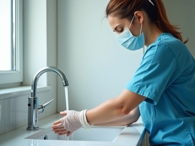 Soignant portant un masque et des gants lave ses mains