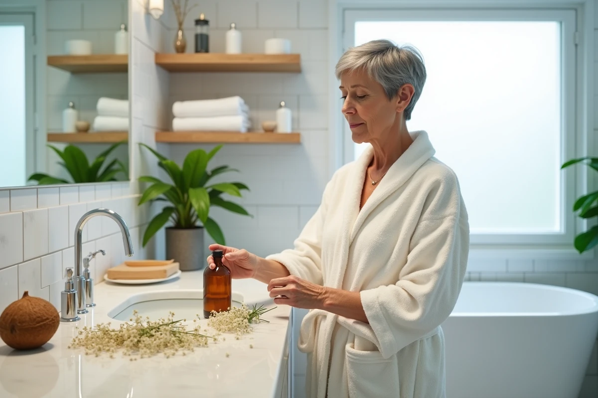 Femme mature arrangeant des remèdes naturels maison comme l'huile de coco et le vinaigre de cidre dans sa salle de bain pour apaiser les démangeaisons intimes