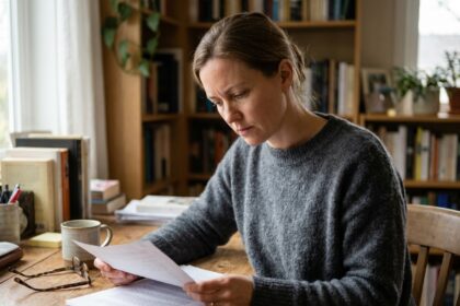 Femme concentrée lisant des documents à son bureau pour illustrer l'importance du suivi visuel au quotidien