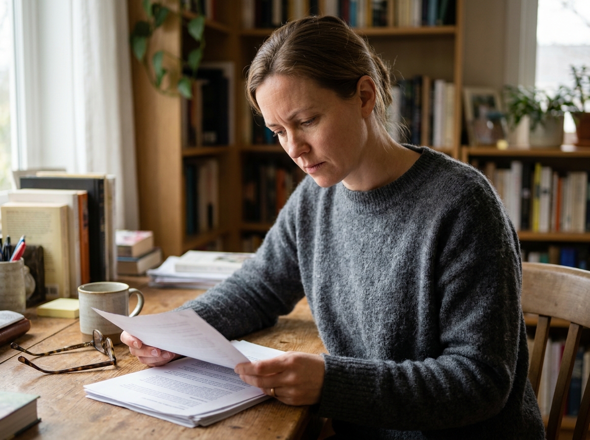 Femme concentrée lisant des documents à son bureau pour illustrer l'importance du suivi visuel au quotidien