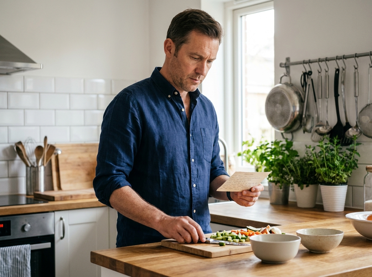Homme suivant attentivement une recette manuscrite dans une cuisine moderne, illustrant le rôle du suivi visuel dans les tâches quotidiennes