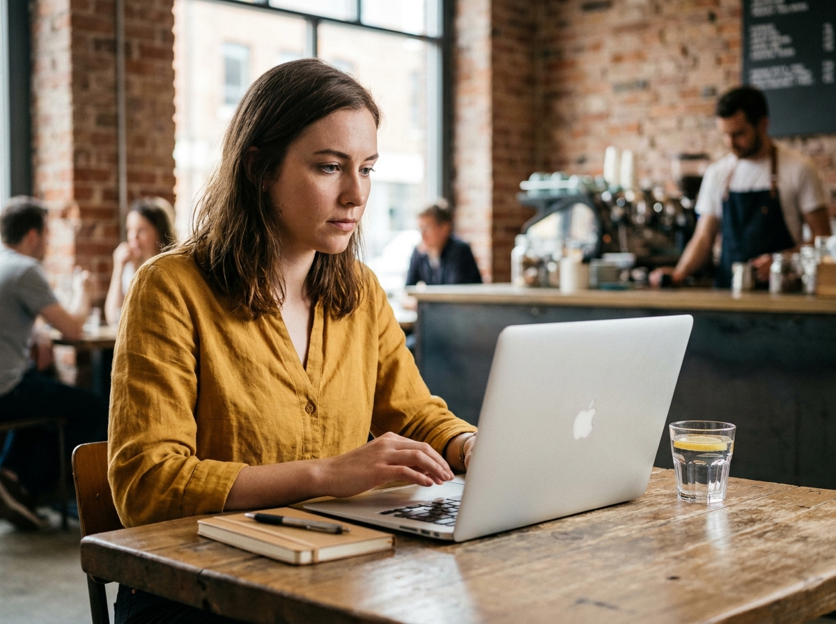 Jeune femme suivant visuellement un écran d'ordinateur dans un café, symbolisant l'impact du bon suivi visuel sur la productivité au quotidien
