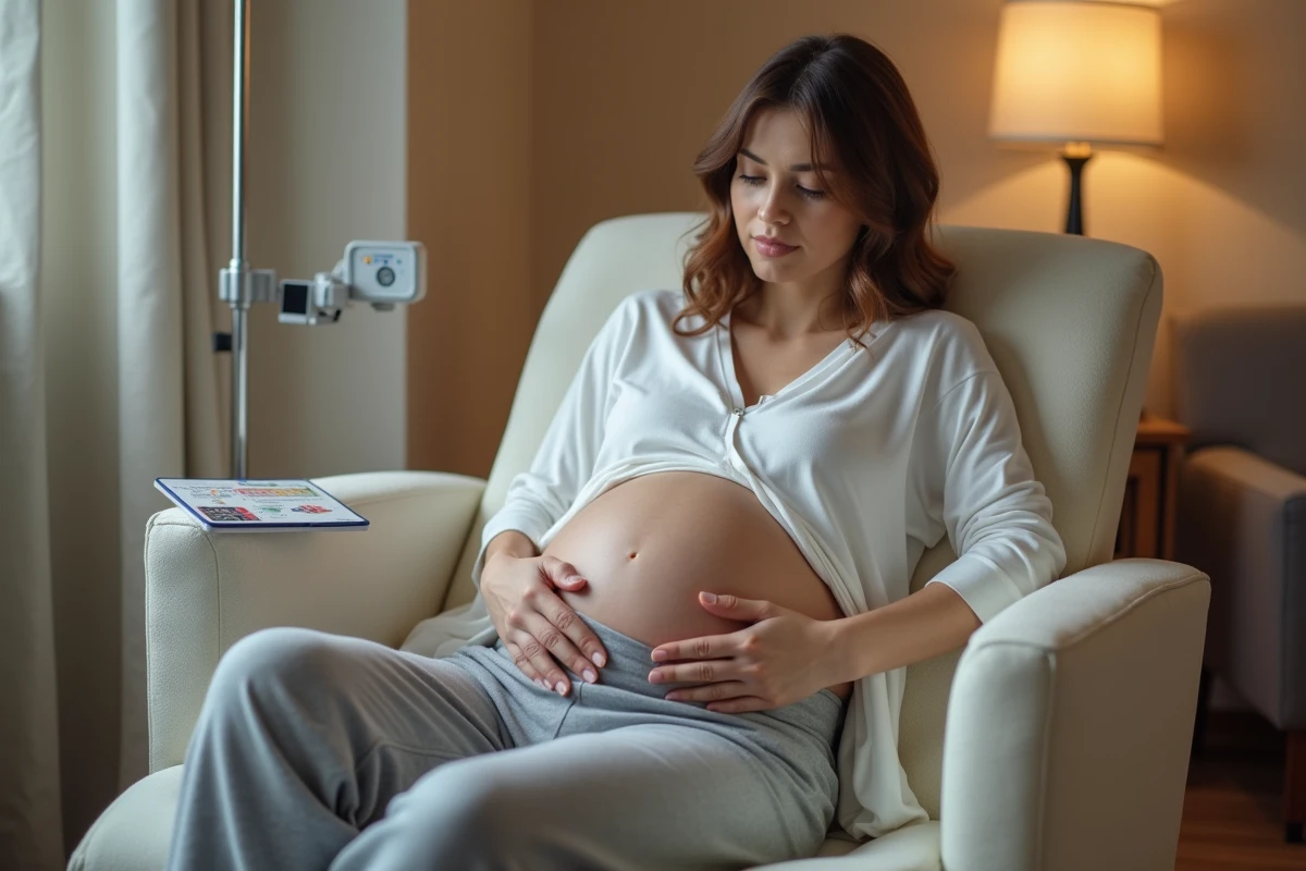 Femme enceinte sous surveillance médicale dans une unité de monitoring prénatal suite à des anomalies dans son bilan sanguin