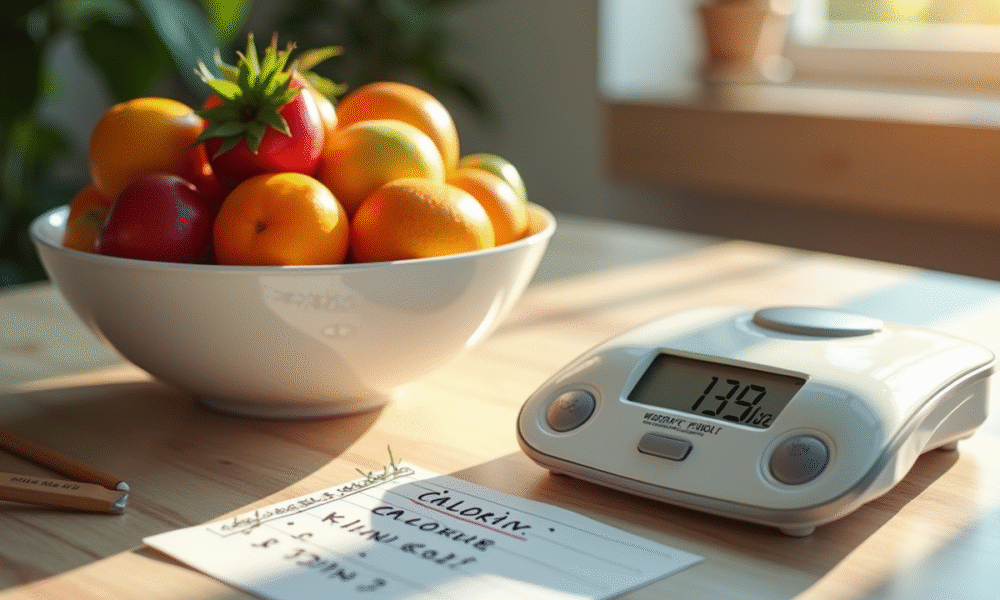 Table de cuisine avec fruits et balance numérique pour calories