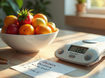 Table de cuisine avec fruits et balance numérique pour calories